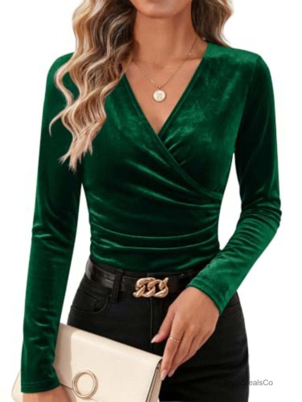 Velvet Wrap V Neck Long Sleeve Ruched Blouse Slim Fit Dressy Top